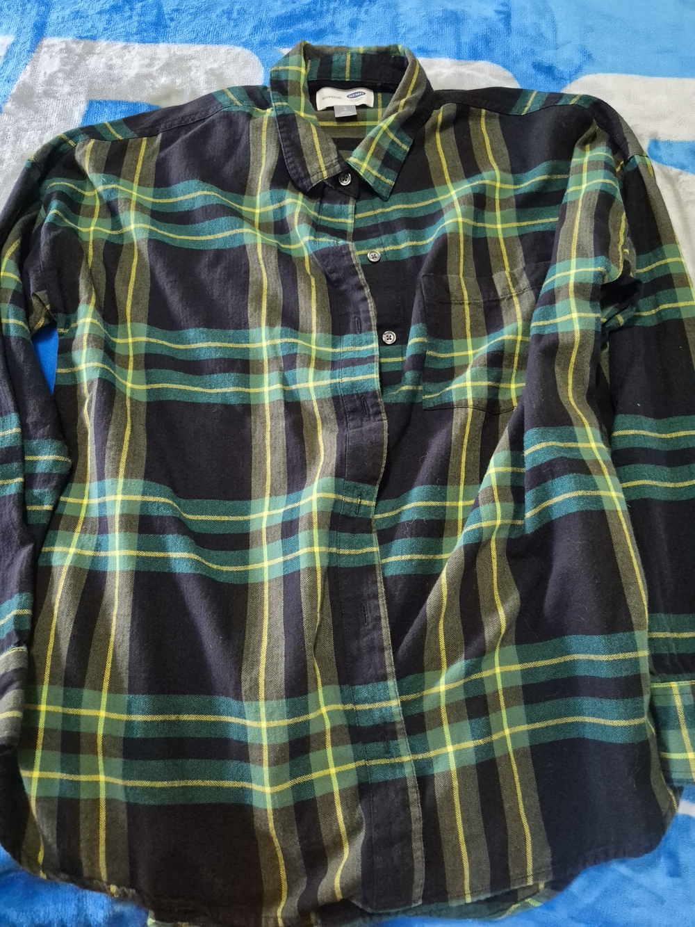 Old Navy Black Plaid Button-Down Shirt with Green and Yellow Stripes
